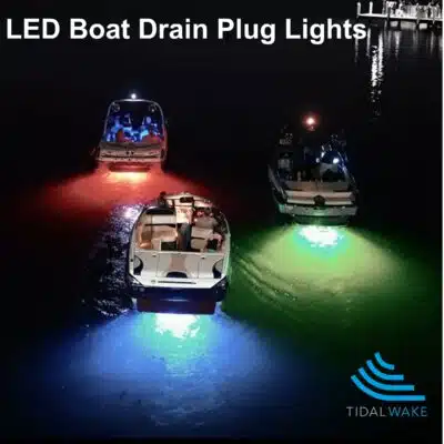 Tidal Wake Underwater Boat Drain Plug Lights on 3 boats at night